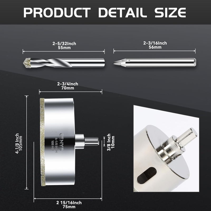 cenyb 4-1/8inch | 105mm Diamond Hole Saw with Center Drill bit and Diamond-Coated Center Drill bit for Ceramic Glass Marble Fiberglass Granite and Porcelain Tiles by - Image 2